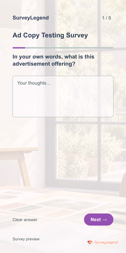 Ad Copy Testing Survey: first question and response field, mobile preview