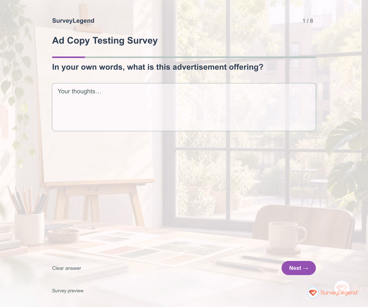 Preview of the Ad Copy Testing Survey demo showing its first question and response field