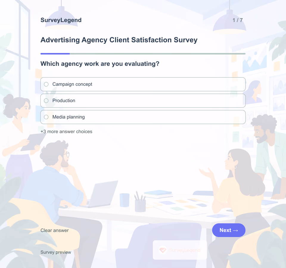 Preview of the Advertising Agency Client Satisfaction Survey Template showing its first question and answer choices