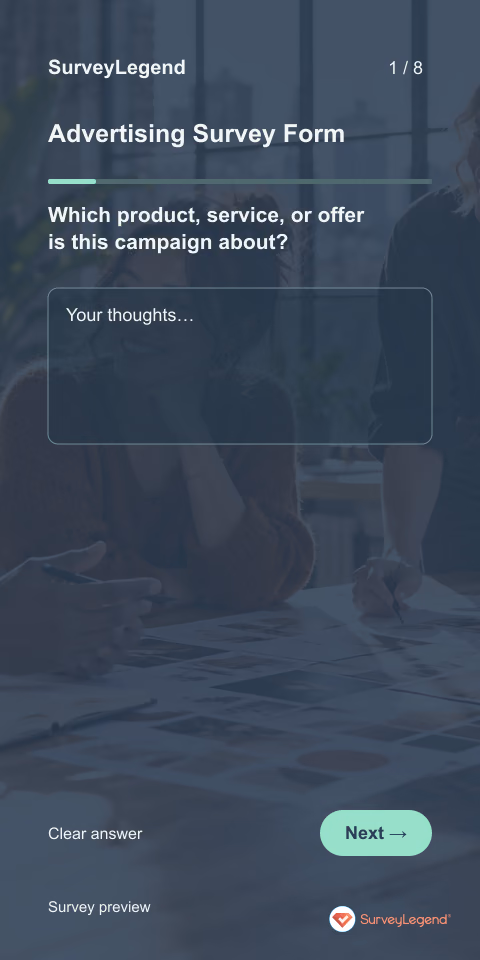 Advertising Survey Form: first question and response field, mobile preview