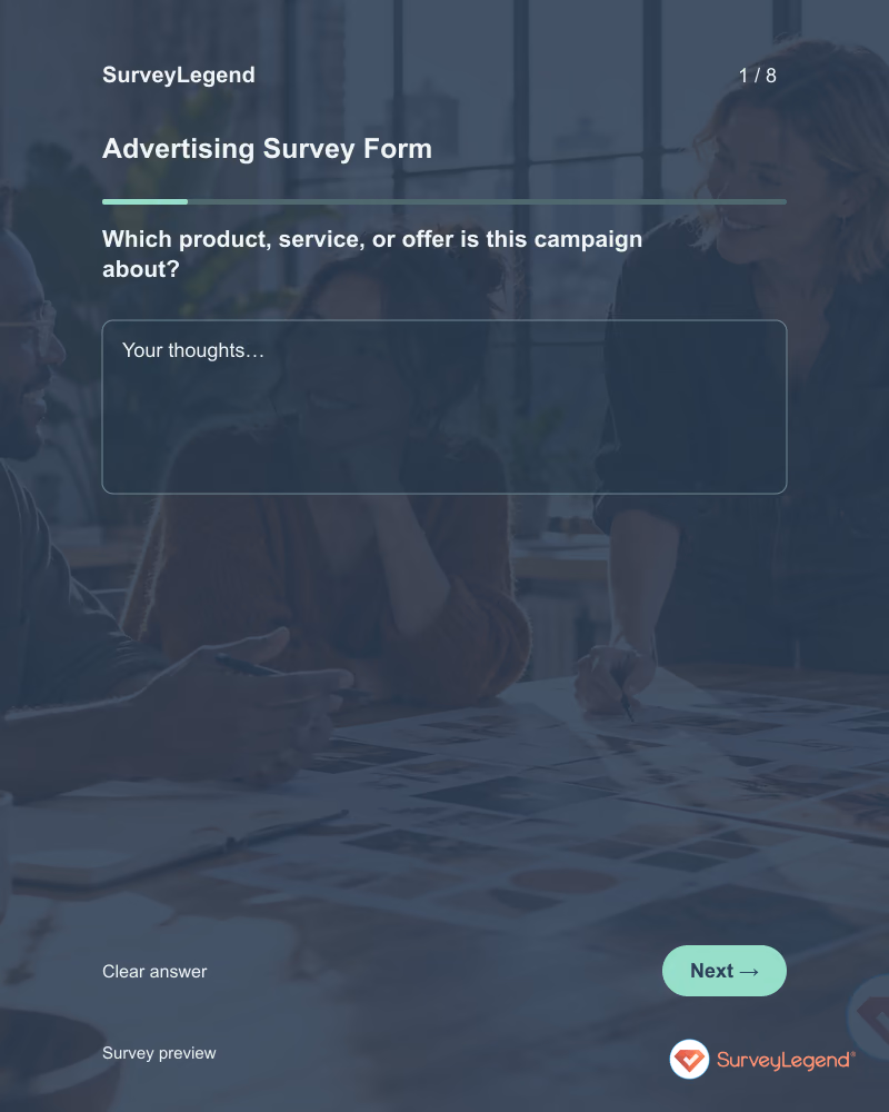Advertising Survey Form: first question and response field, tablet preview