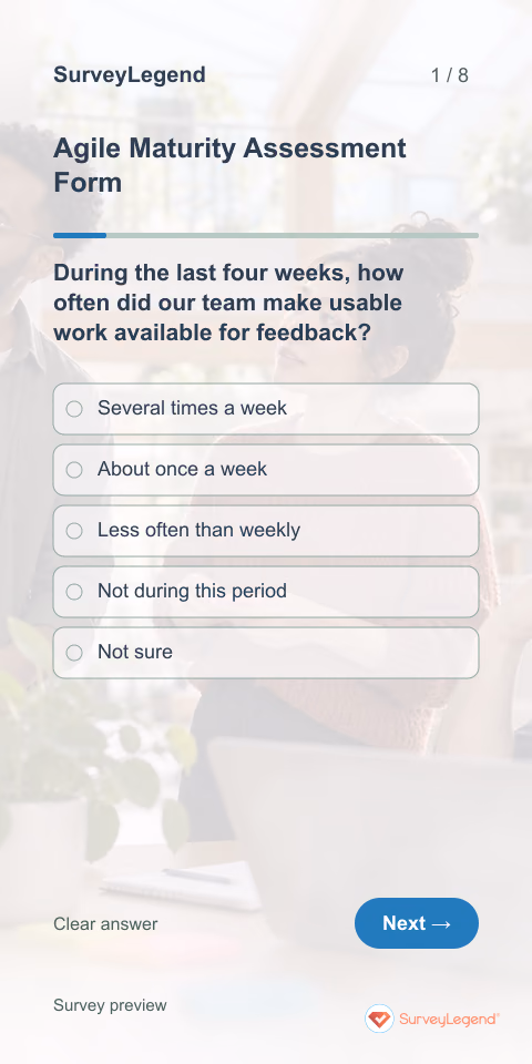 Agile Maturity Assessment Form: first question and response field, mobile preview