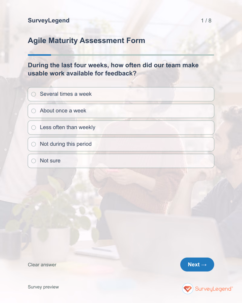 Agile Maturity Assessment Form: first question and response field, tablet preview