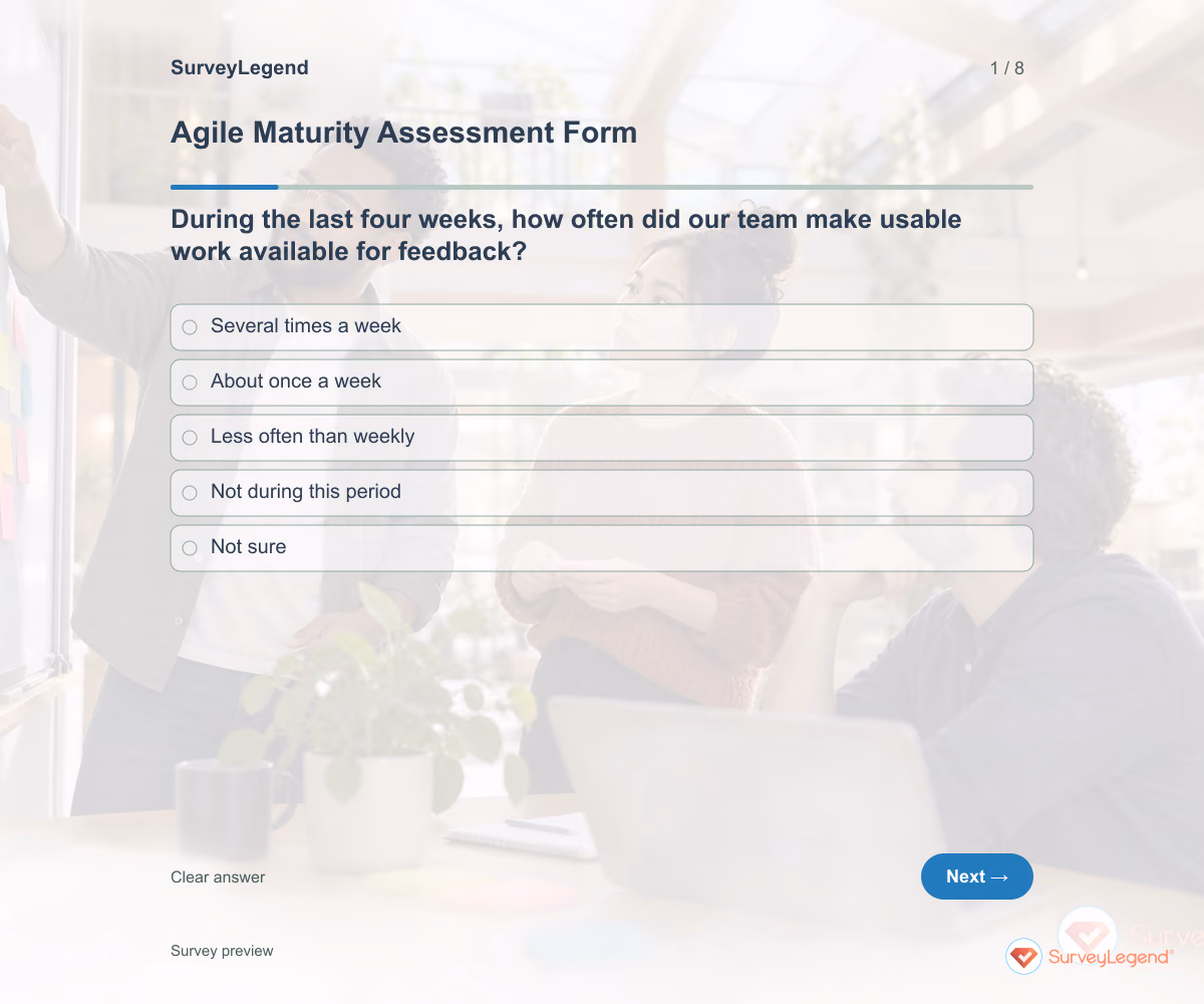 Preview of the Agile Maturity Assessment Form demo showing its first question and response field