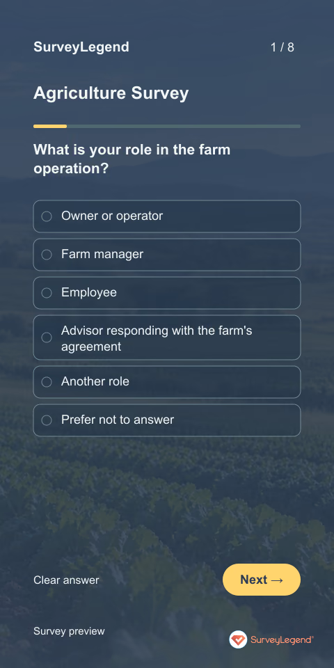 Agriculture Survey: first question and response field, mobile preview