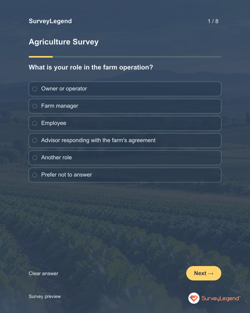 Agriculture Survey: first question and response field, tablet preview
