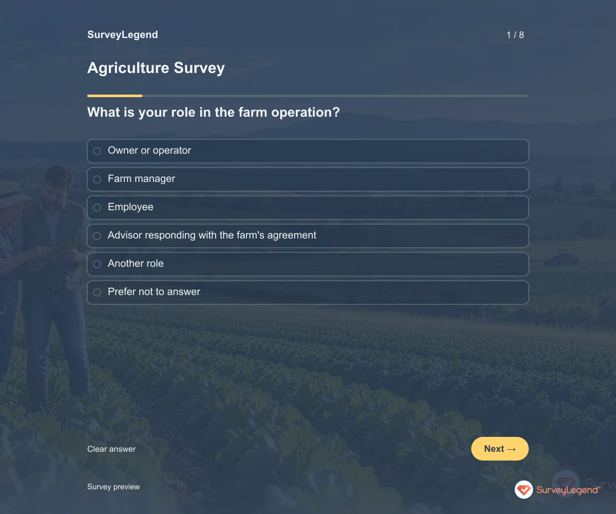 Preview of the Agriculture Survey demo showing its first question and response field