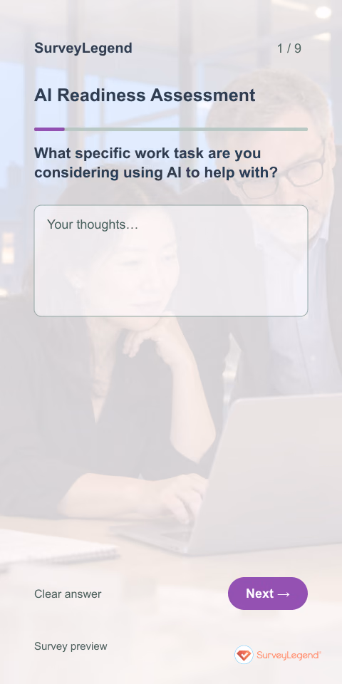AI Readiness Assessment: first question and response field, mobile preview