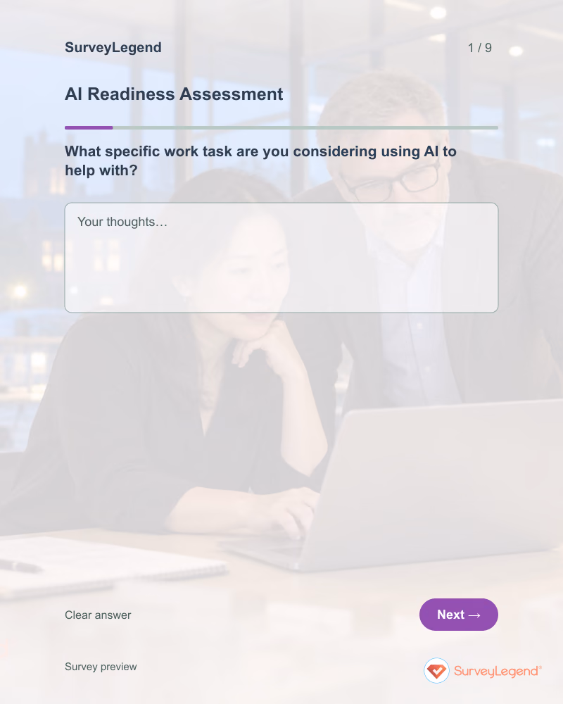 AI Readiness Assessment: first question and response field, tablet preview