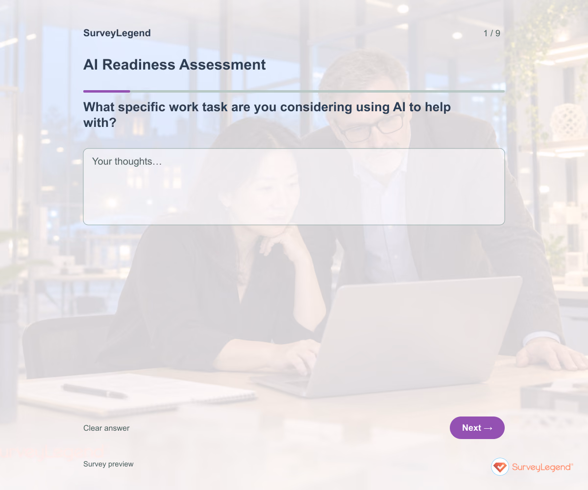 Preview of the AI Readiness Assessment demo showing its first question and response field