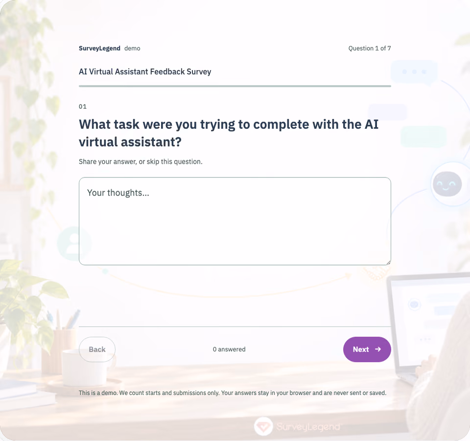 Preview of the AI Virtual Assistant Feedback Survey Template showing its first question and answer choices