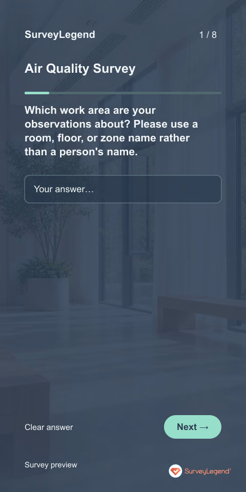 Air Quality Survey: first question and response field, mobile preview
