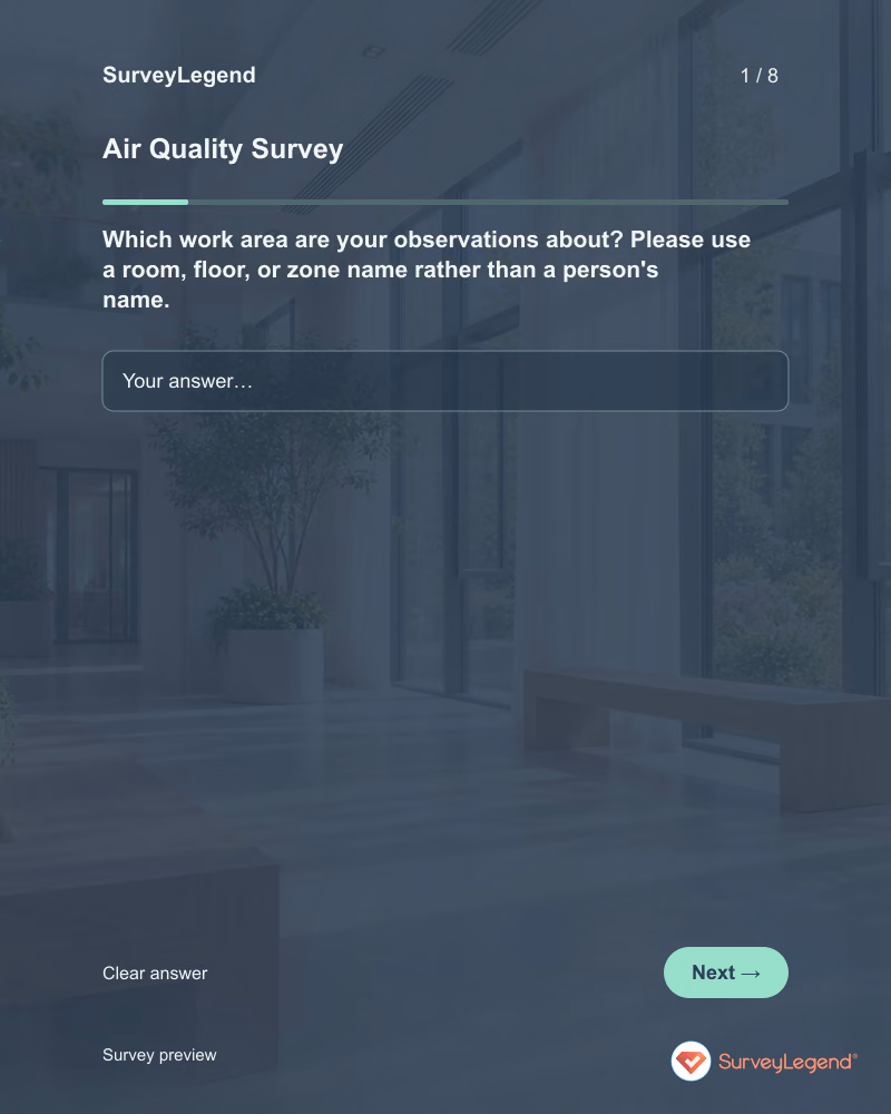 Air Quality Survey: first question and response field, tablet preview