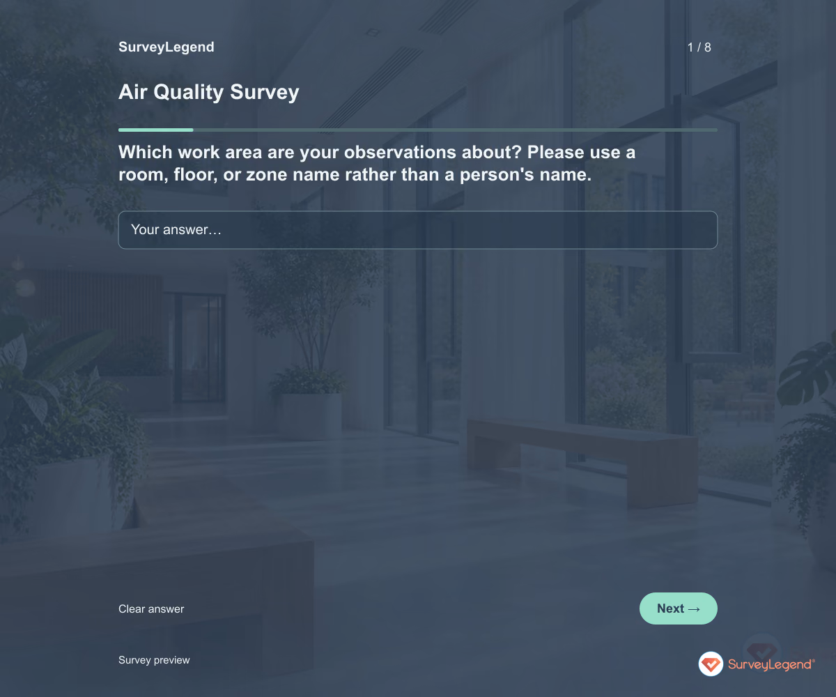 Preview of the Air Quality Survey demo showing its first question and response field