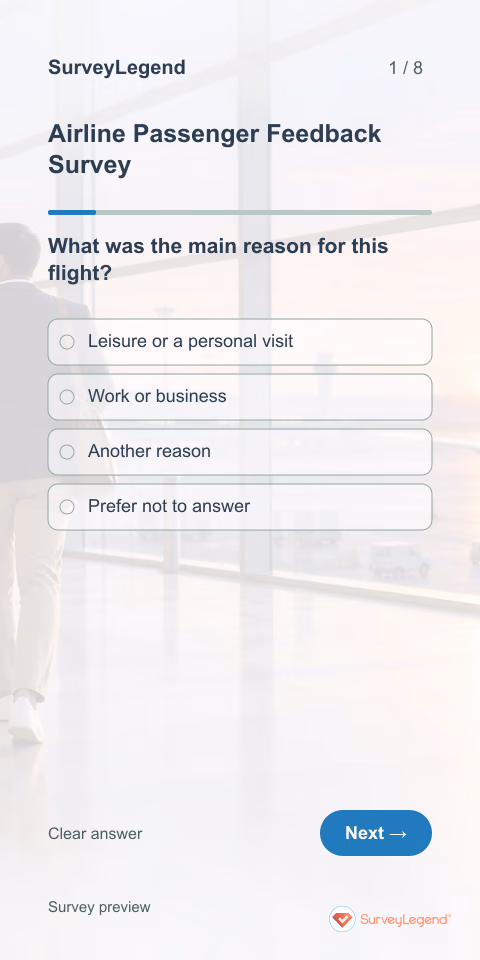 Airline Passenger Feedback Survey: first question and response field, mobile preview
