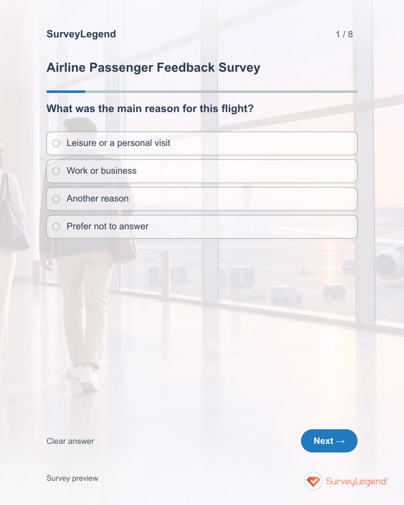 Airline Passenger Feedback Survey: first question and response field, tablet preview