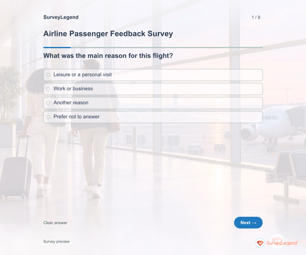 Preview of the Airline Passenger Feedback Survey demo showing its first question and response field