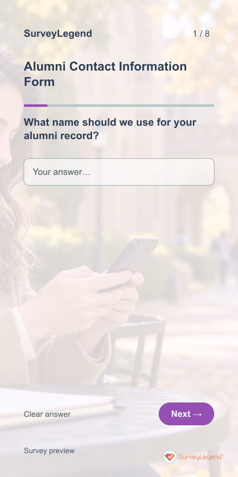 Alumni Contact Information Form: first question and response field, mobile preview