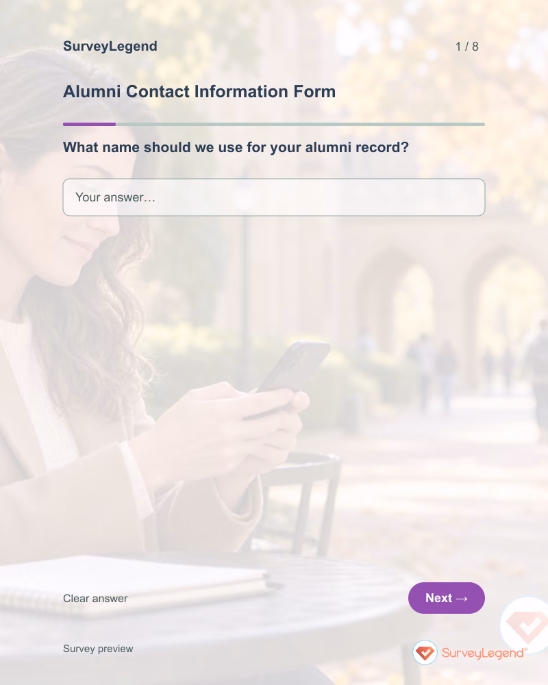 Alumni Contact Information Form: first question and response field, tablet preview