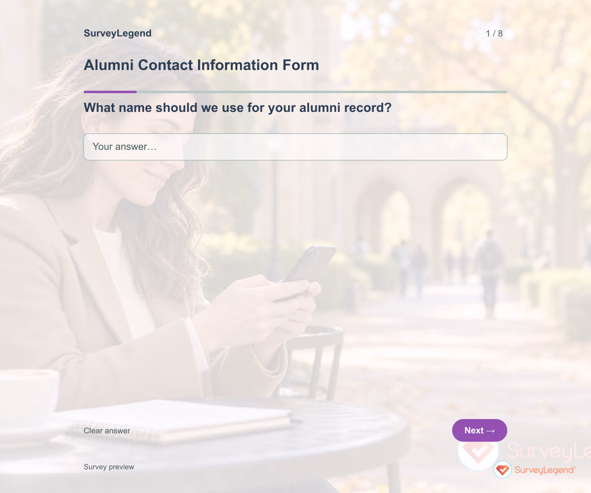 Preview of the Alumni Contact Information Form demo showing its first question and response field
