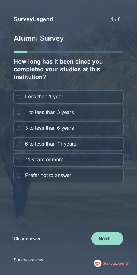 Alumni Survey: first question and response field, mobile preview