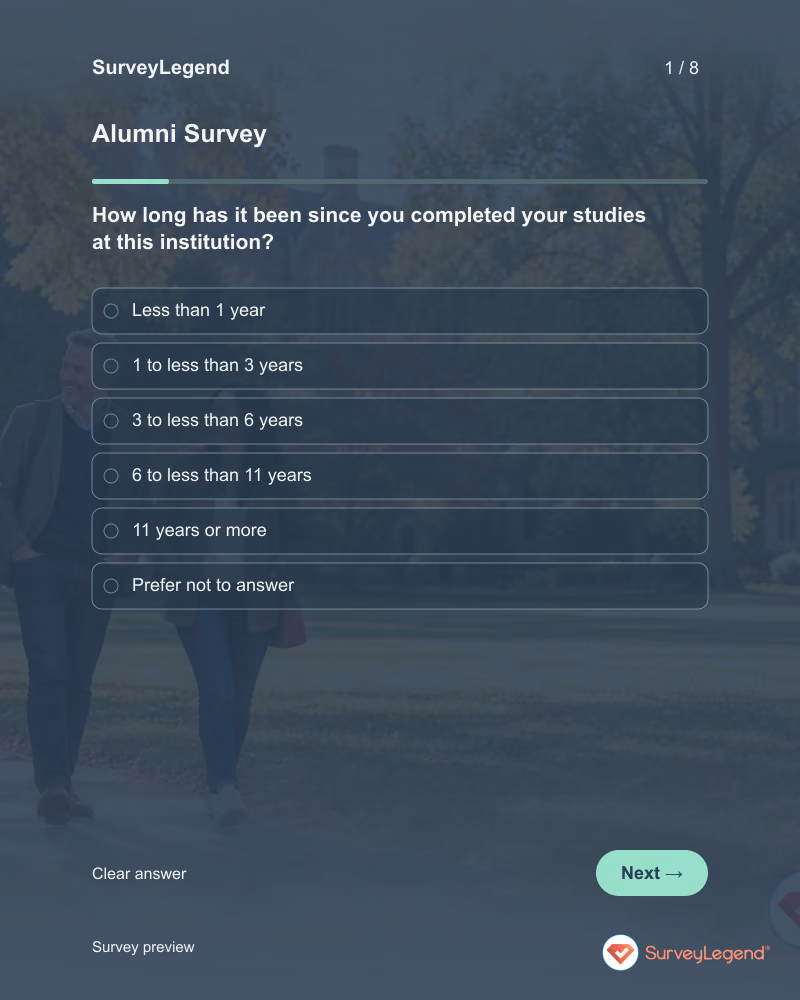 Alumni Survey: first question and response field, tablet preview