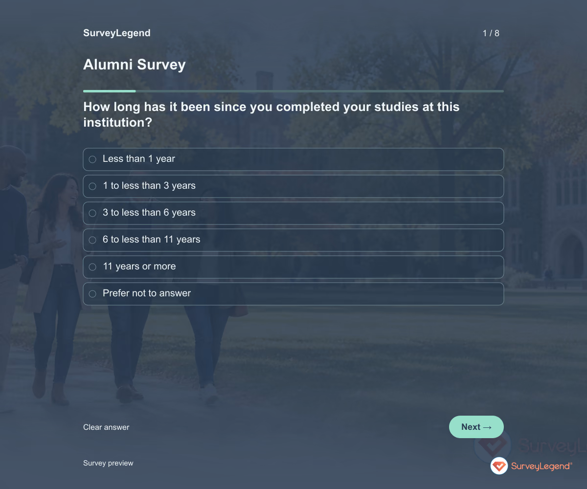 Preview of the Alumni Survey demo showing its first question and response field