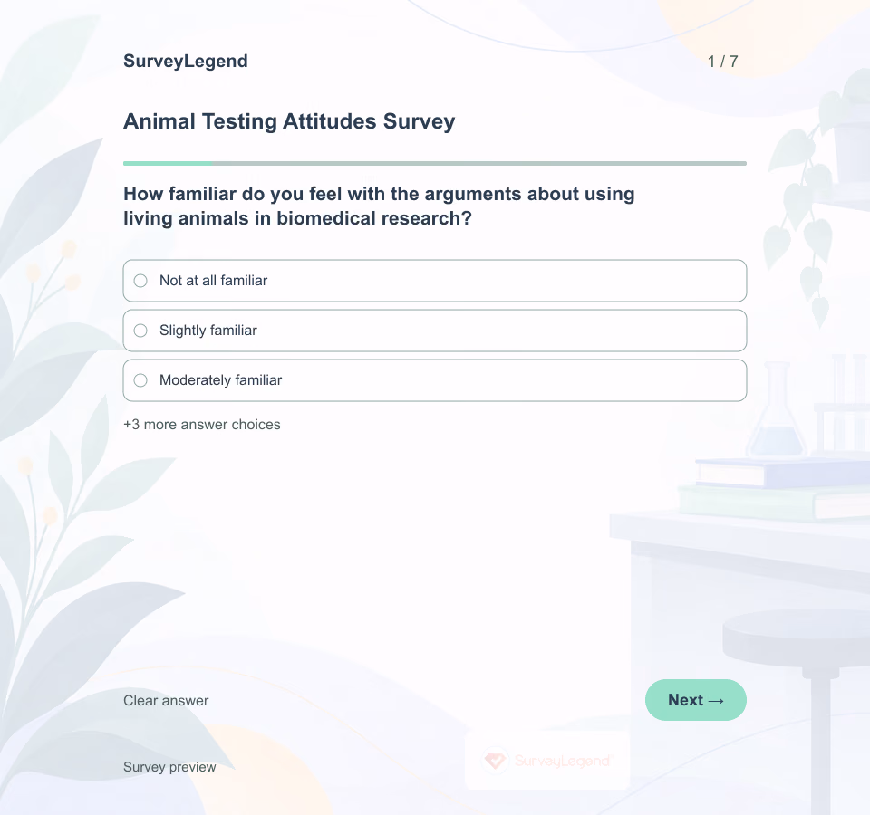 Preview of the Animal Testing Attitudes Survey Template showing its first question and answer choices
