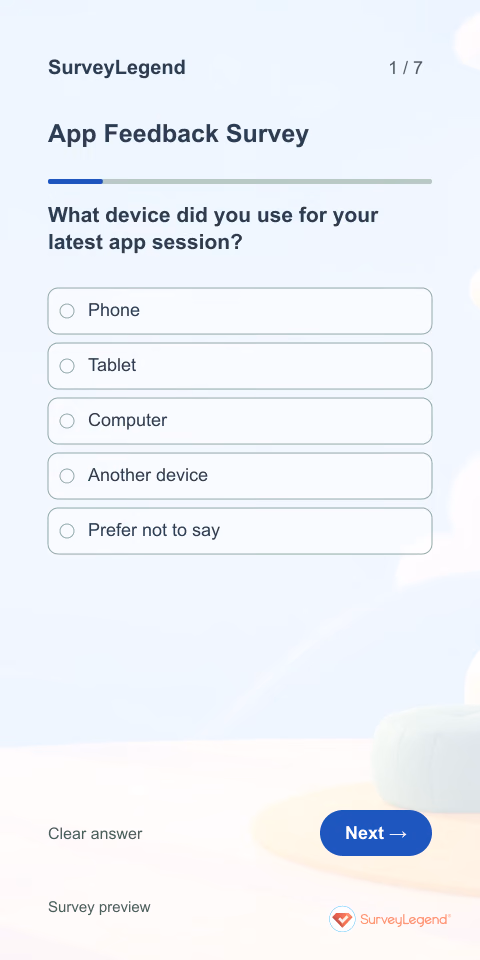 App Feedback Survey: first question and response field, mobile preview