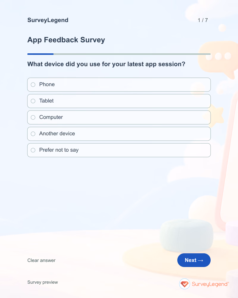 App Feedback Survey: first question and response field, tablet preview