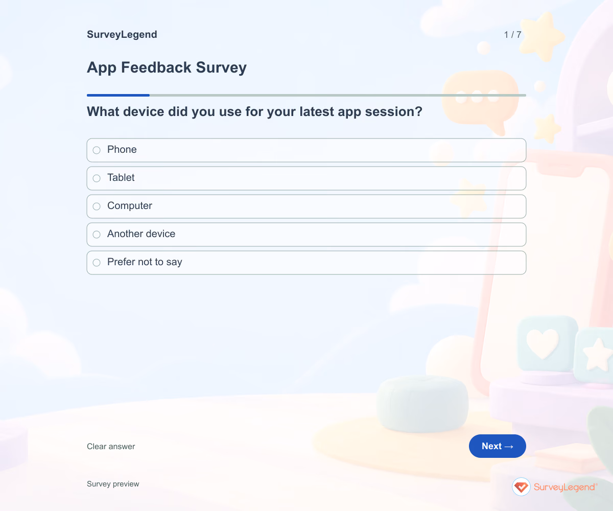 Preview of the App Feedback Survey demo showing its first question and answer choices