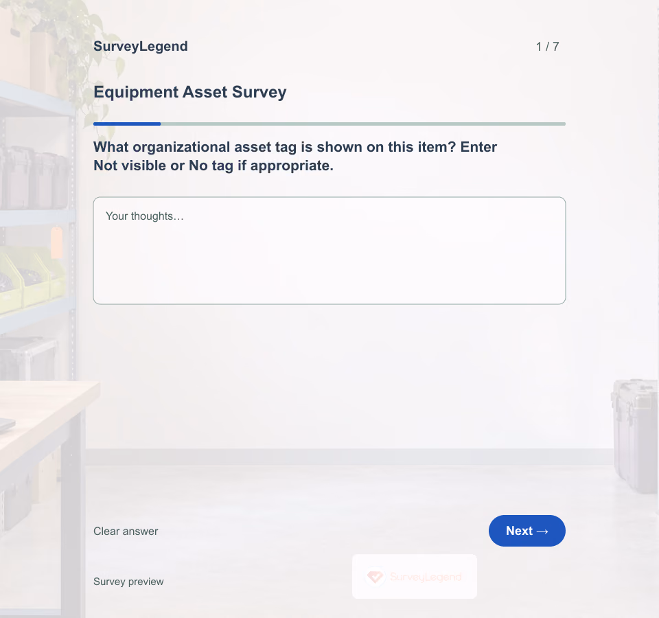Preview of the Equipment Asset Survey Template showing its first question and answer choices