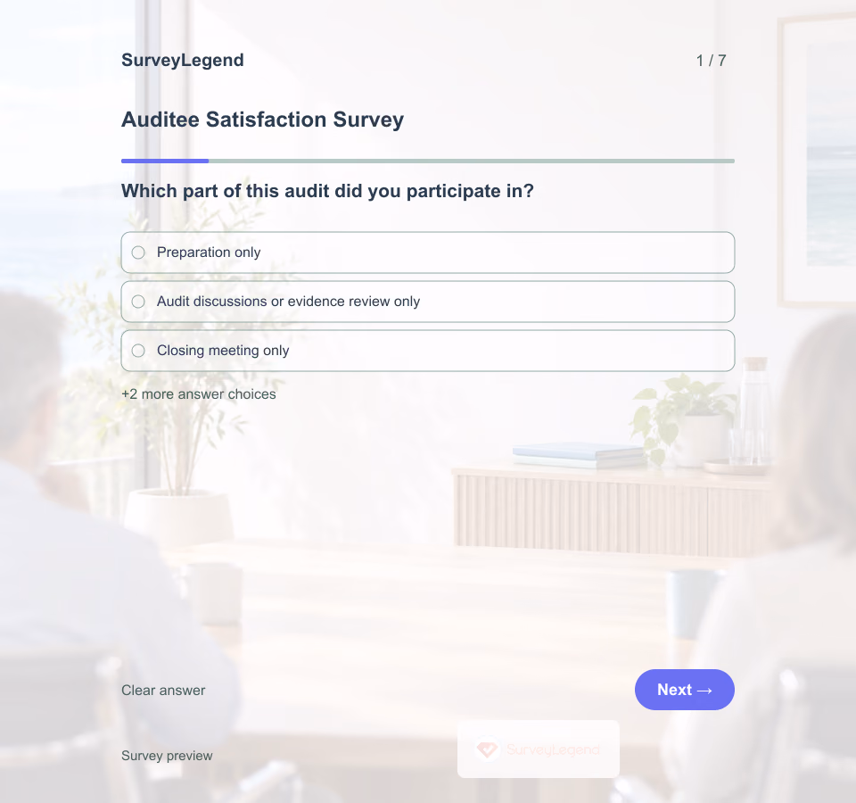 Preview of the Auditee Satisfaction Survey Template showing its first question and answer choices