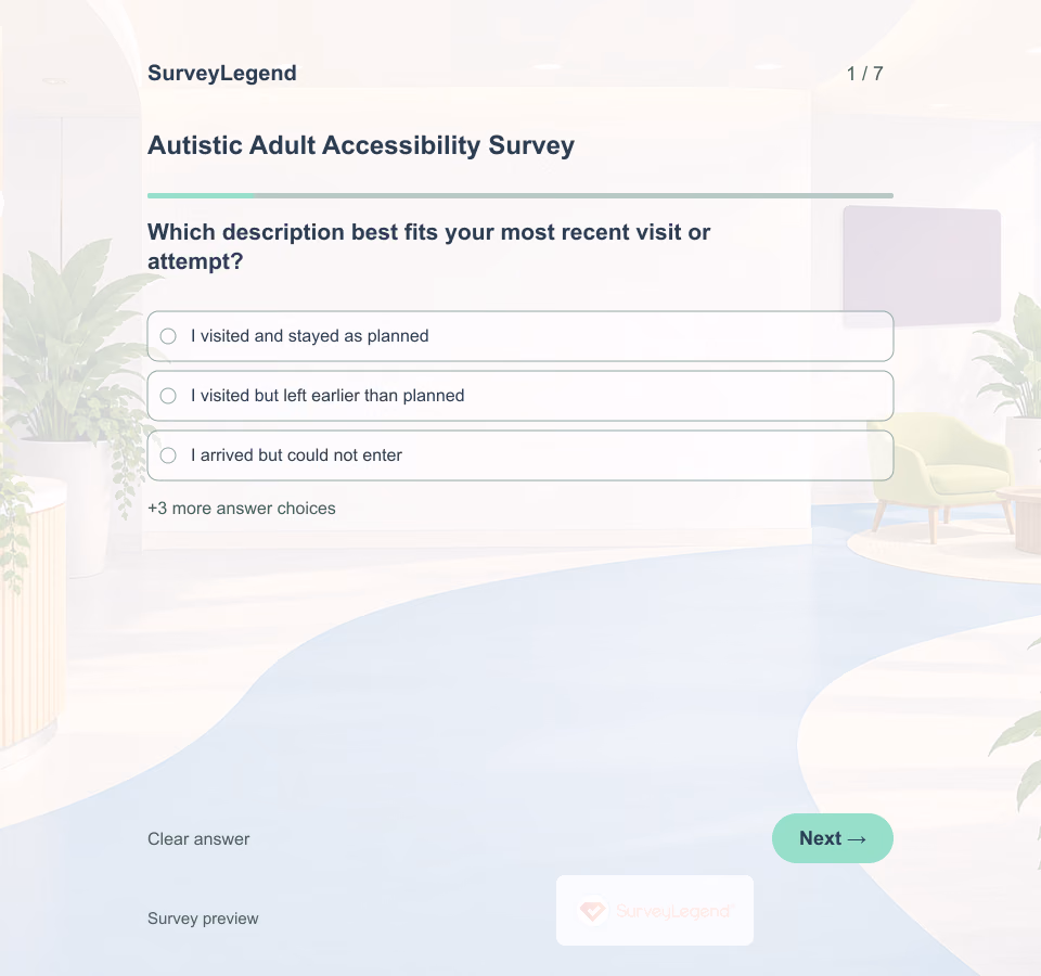 Preview of the Autistic Adult Accessibility Survey Template showing its first question and answer choices
