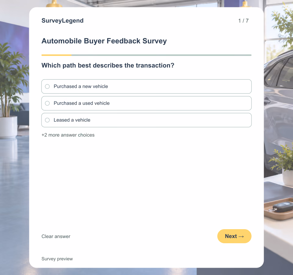 Preview of the Automobile Buyer Feedback Survey Template showing its first question and answer choices
