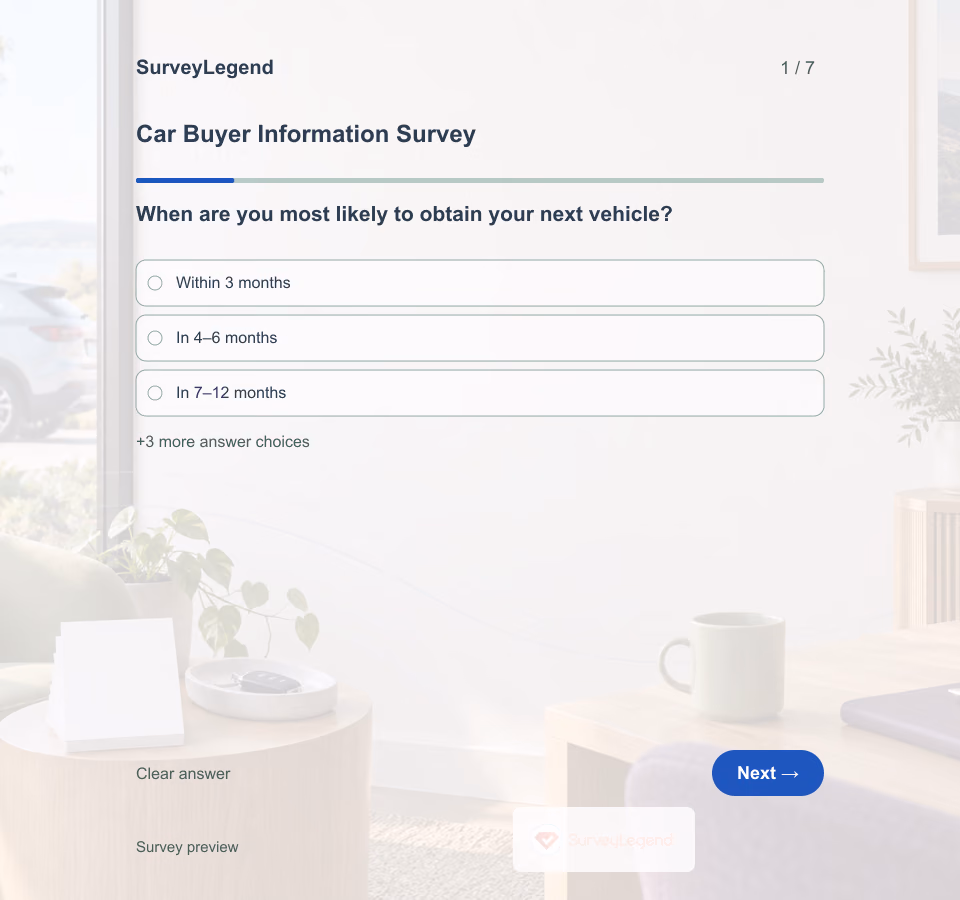 Preview of the Car Buyer Information Survey Template showing its first question and answer choices