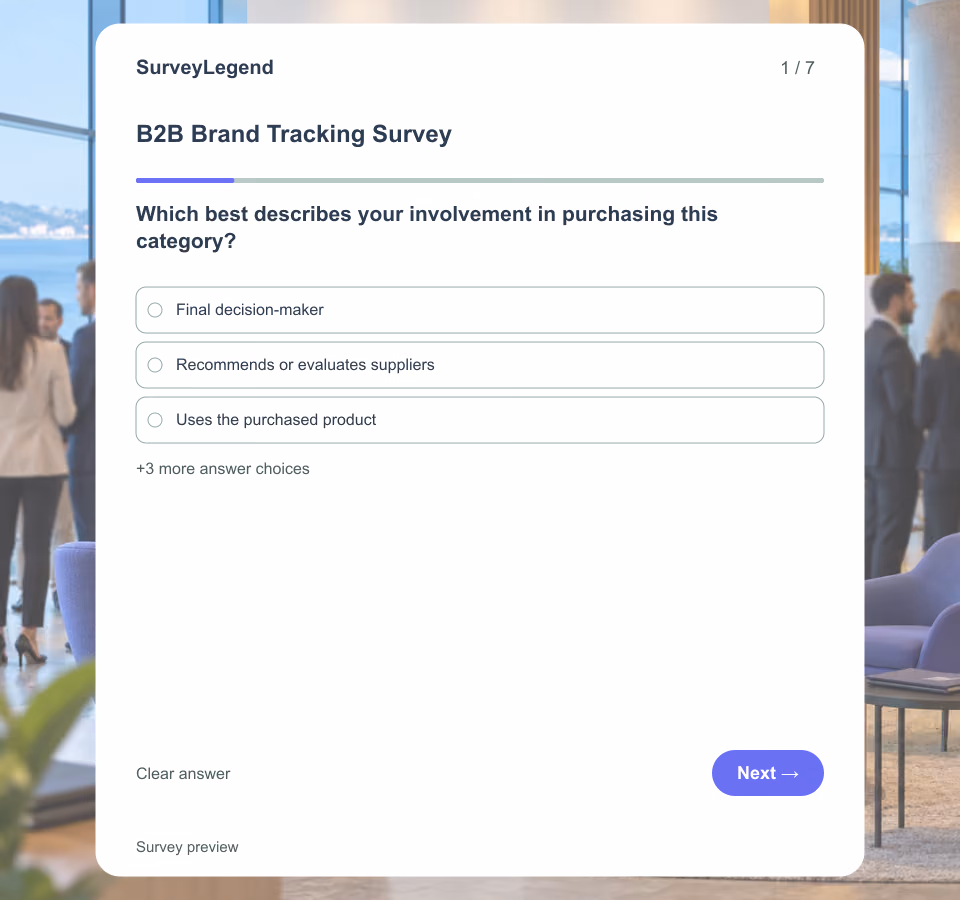 Preview of the B2B Brand Tracking Survey Template showing its first question and answer choices