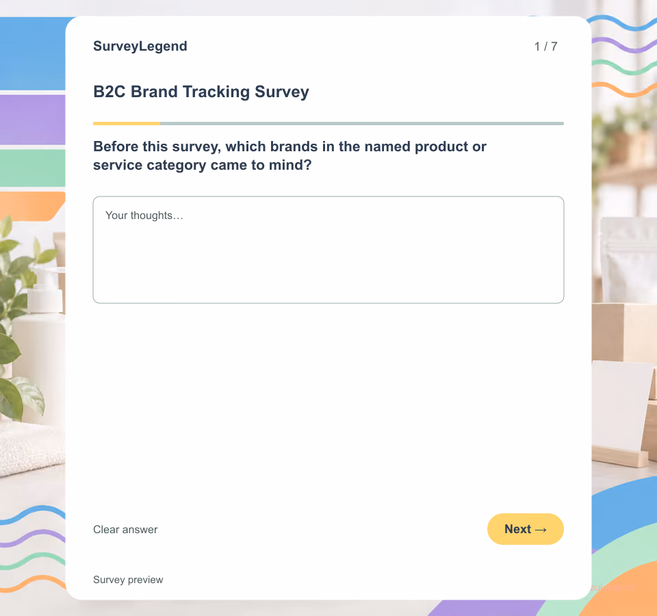 Preview of the B2C Brand Tracking Survey Template showing its first question and answer choices