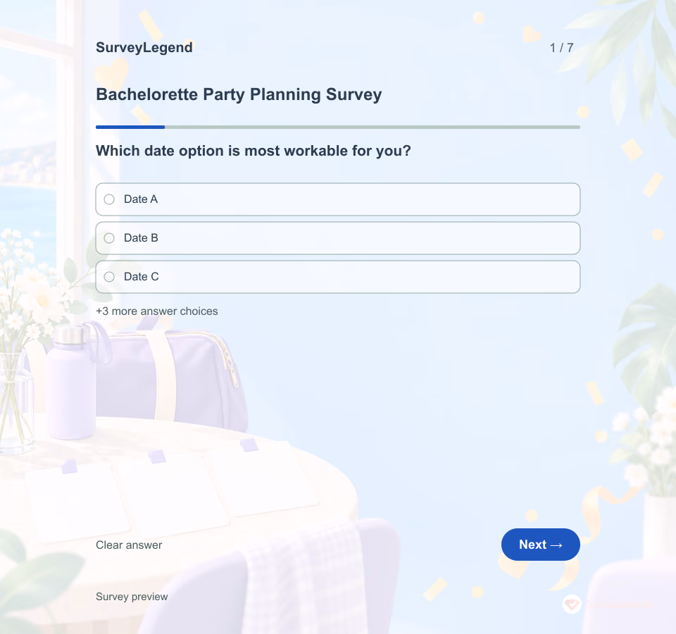 Preview of the Bachelorette Party Planning Survey Template showing its first question and answer choices