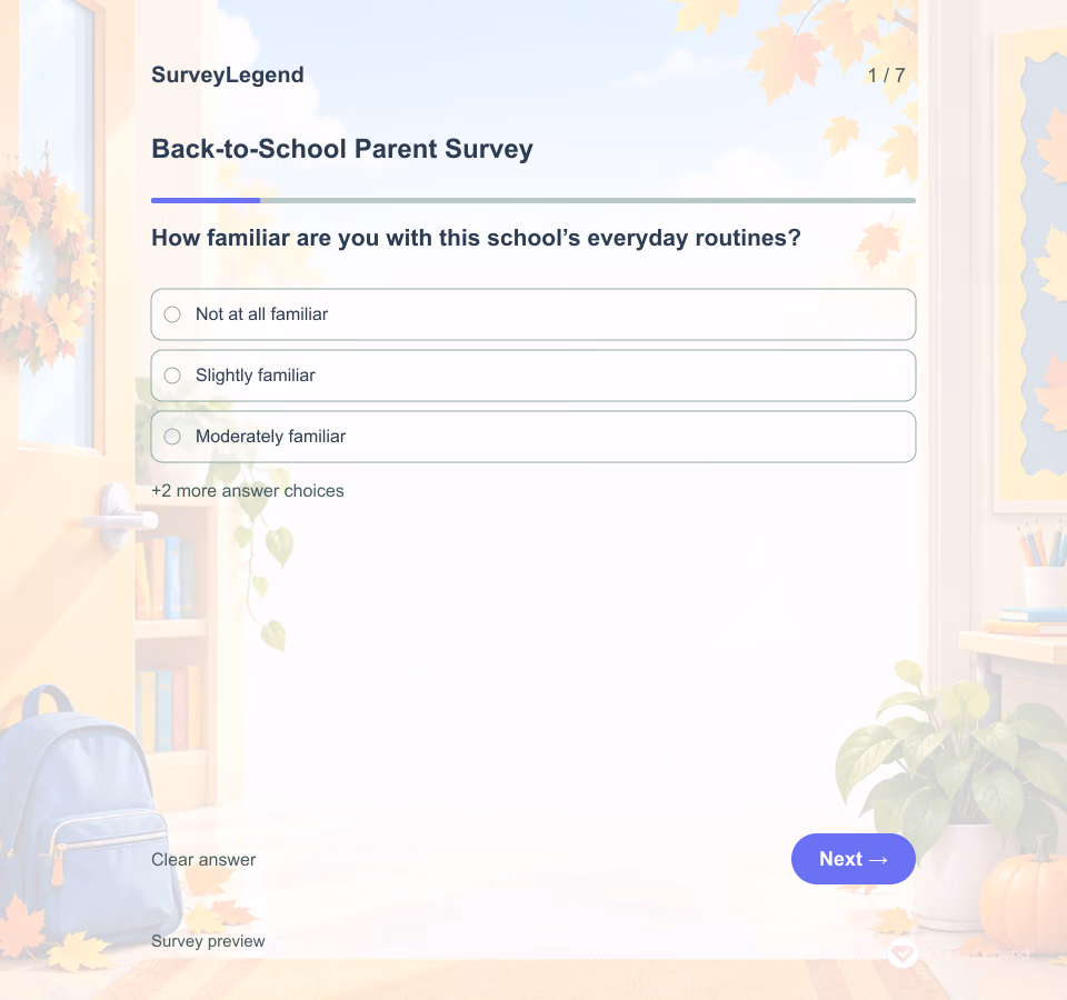 Preview of the Back-to-School Parent Survey Template showing its first question and answer choices