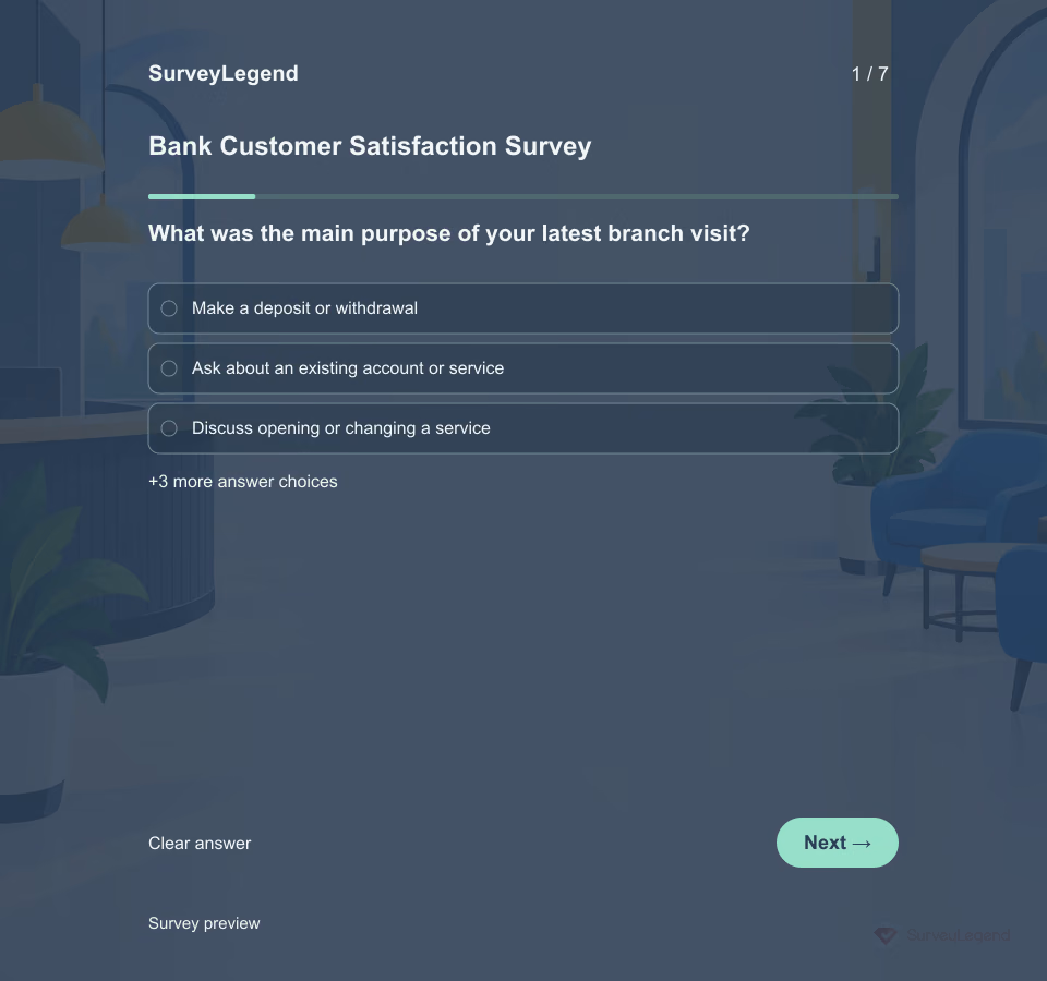 Preview of the Bank Customer Satisfaction Survey Template showing its first question and answer choices
