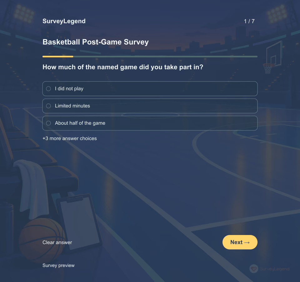 Preview of the Basketball Post-Game Survey Template showing its first question and answer choices