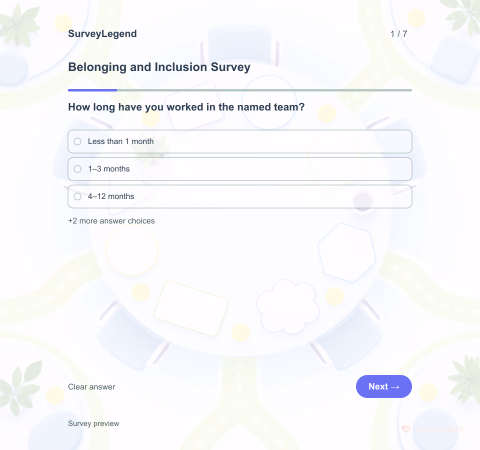 Preview of the Belonging and Inclusion Survey Template showing its first question and answer choices
