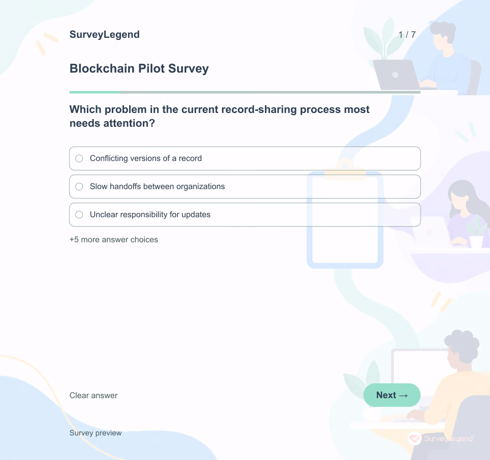 Preview of the Blockchain Pilot Survey Template showing its first question and answer choices