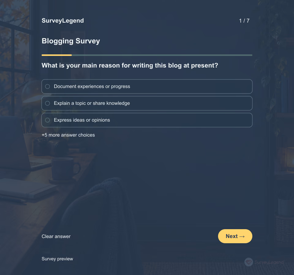 Preview of the Blogging Survey Template showing its first question and answer choices
