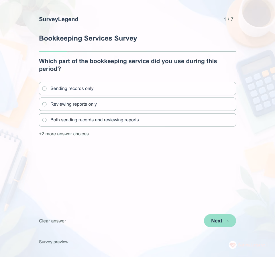 Preview of the Bookkeeping Services Survey Template showing its first question and answer choices