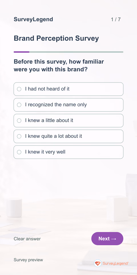 Brand Perception Survey: first question and response field, mobile preview