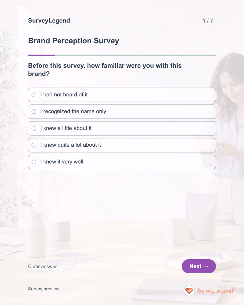 Brand Perception Survey: first question and response field, tablet preview
