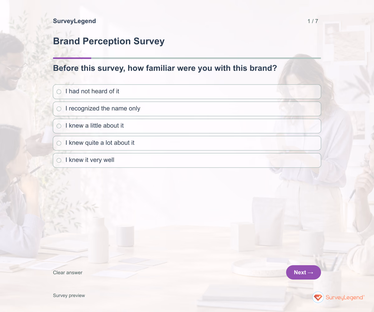 Preview of the Brand Perception Survey demo showing its first question and answer choices