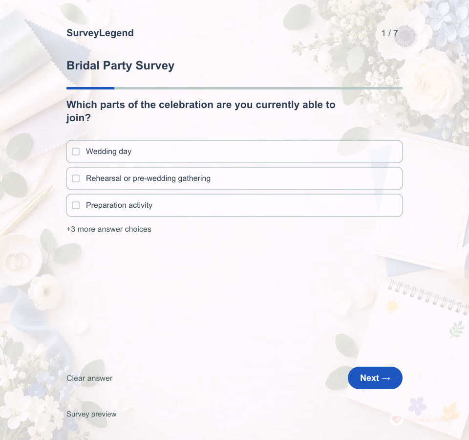 Preview of the Bridal Party Survey Template showing its first question and answer choices
